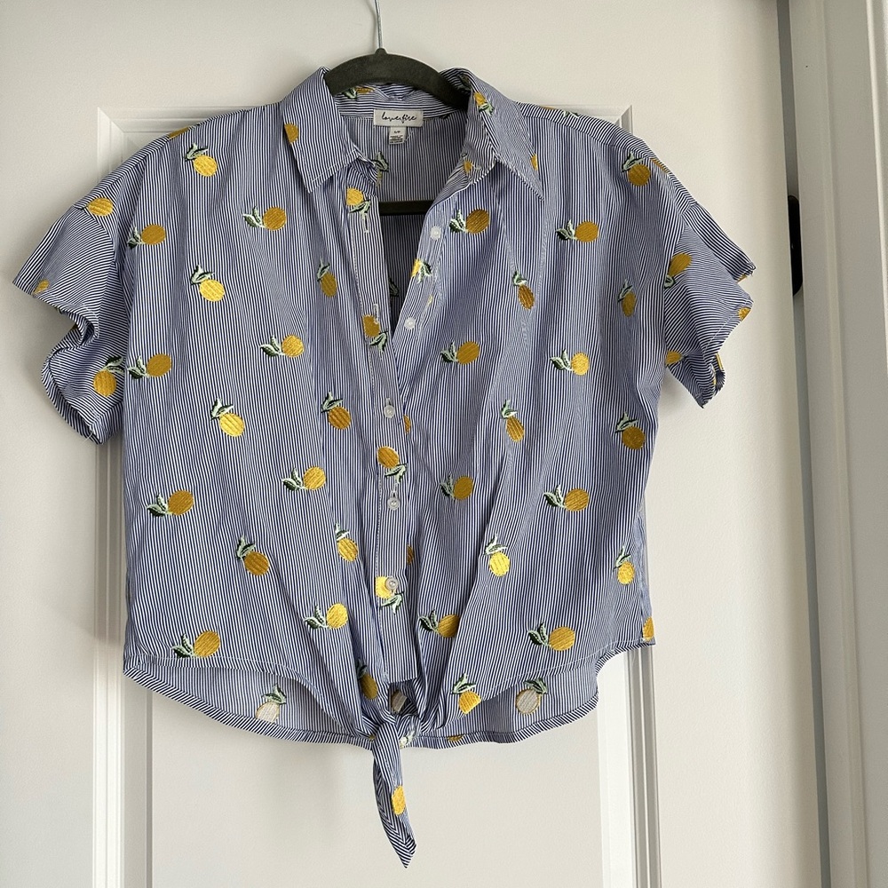 Lemon Embroidered Tie-front Top